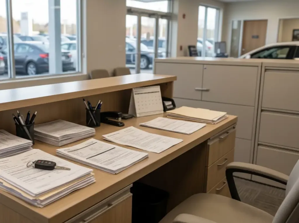 car dealership title transfer documents on desk