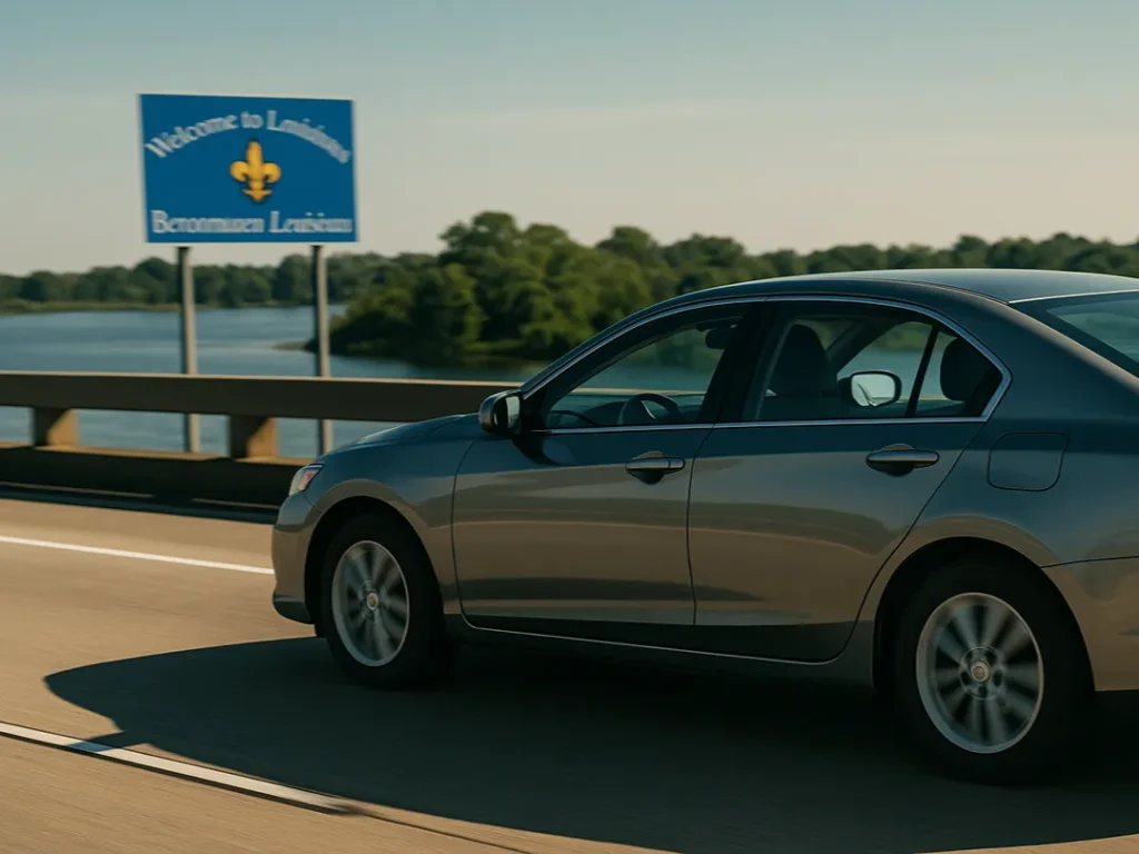 car driving across bridge louisiana welcome sign background