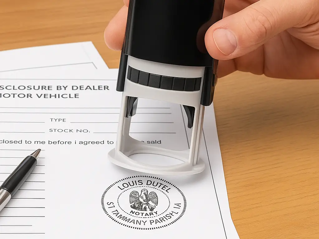 The Louis Dutel notary stamp applied to a Louisiana vehicle disclosure form