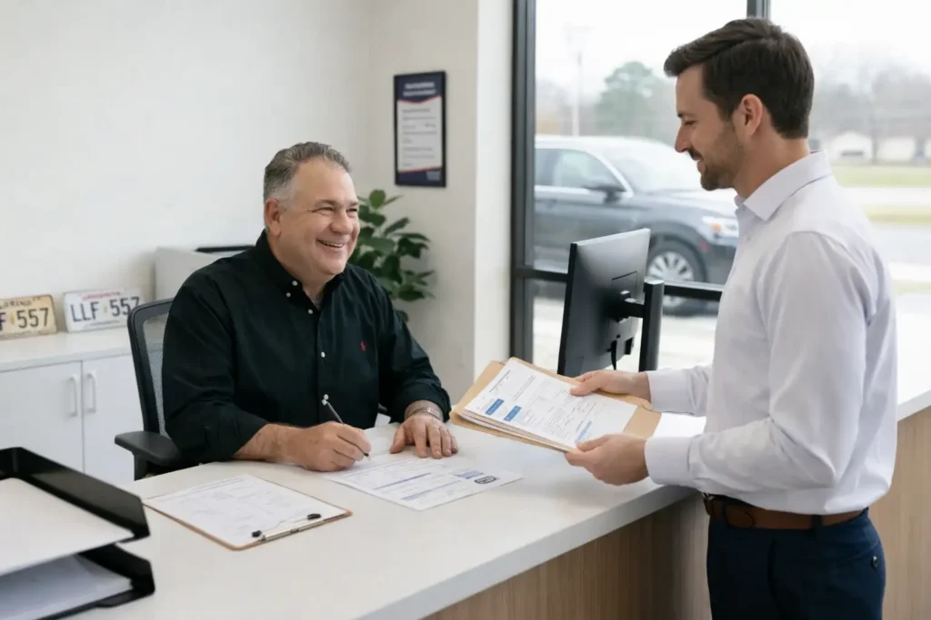 Louis Dutel helping a customer with title paperwork at the Title Authority service desk in Covington