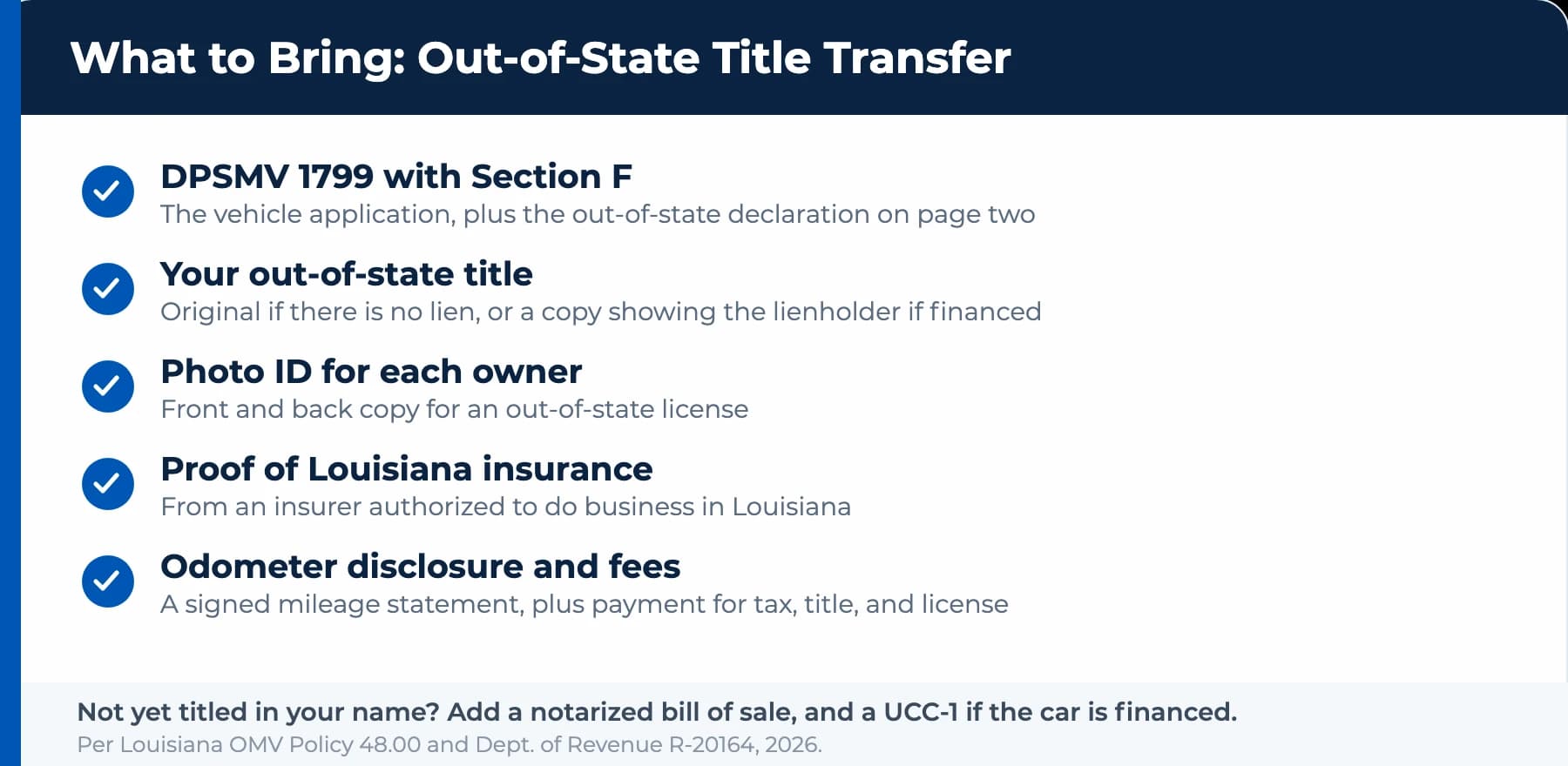 What to bring for an out-of-state title transfer in Louisiana: DPSMV 1799 Section F, title, ID, insurance, odometer, fees.