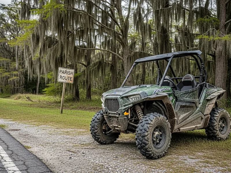 rugged atv rural louisiana roadside cypress swamp spanish moss parish route sign